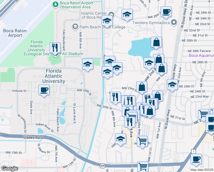 map of restaurants, bars, coffee shops, grocery stores, and more near 2450 Northwest 5th Avenue in Boca Raton