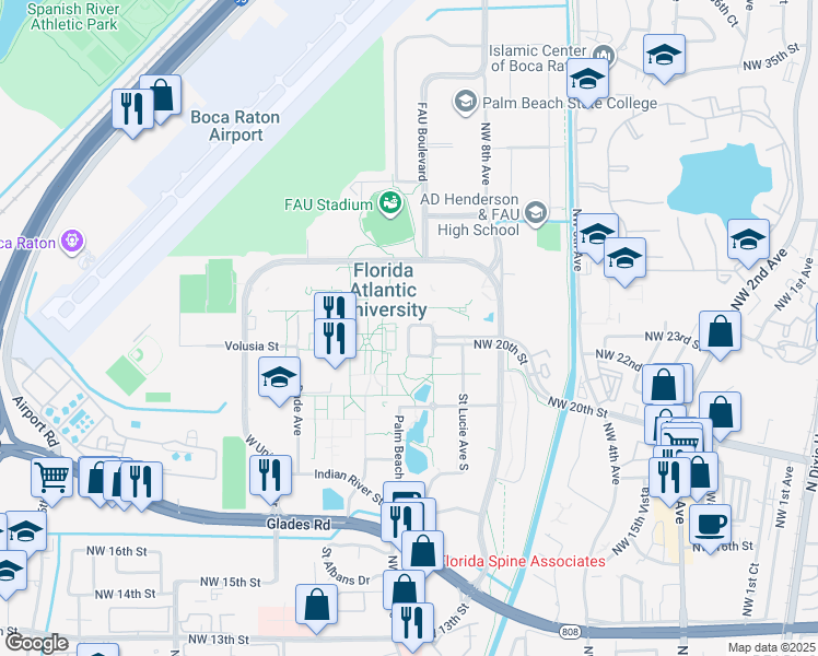 map of restaurants, bars, coffee shops, grocery stores, and more near Palm Beach Avenue in Boca Raton