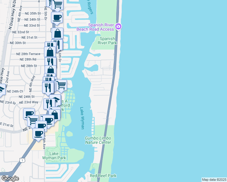 map of restaurants, bars, coffee shops, grocery stores, and more near 2401 North Ocean Boulevard in Boca Raton