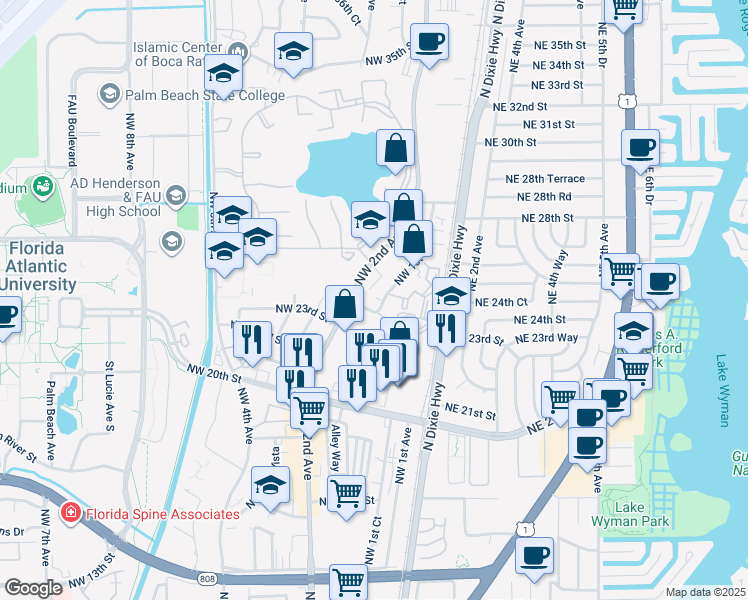 map of restaurants, bars, coffee shops, grocery stores, and more near 2400 Northwest 24th Street in Boca Raton