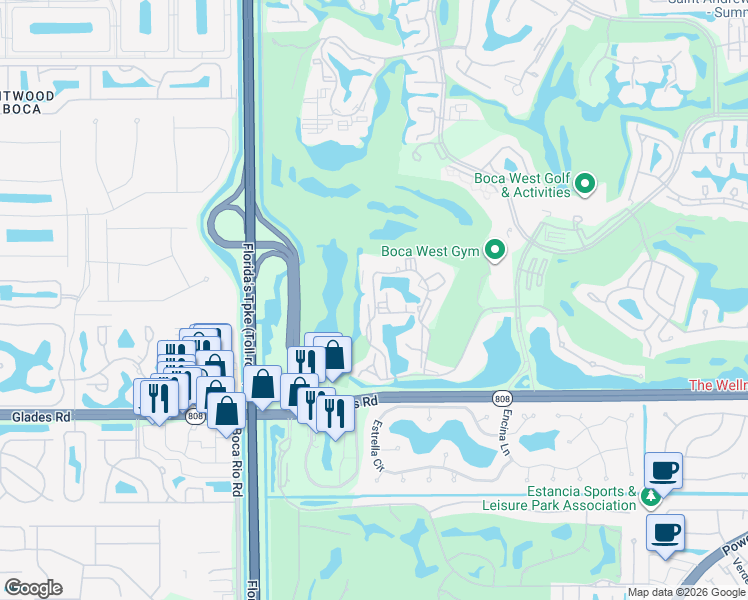 map of restaurants, bars, coffee shops, grocery stores, and more near 1551 Bridgewood Drive in Boca Raton