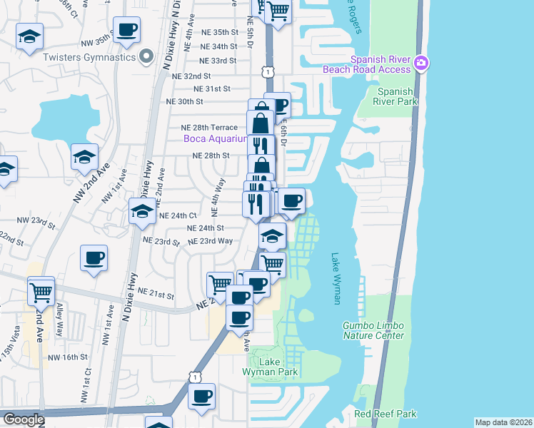 map of restaurants, bars, coffee shops, grocery stores, and more near Route 1 in Boca Raton