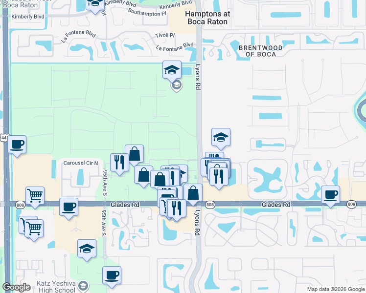 map of restaurants, bars, coffee shops, grocery stores, and more near 20185-20449 Lyons Road in Boca Raton