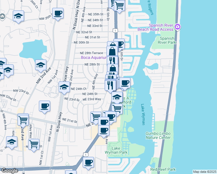 map of restaurants, bars, coffee shops, grocery stores, and more near 2502 Northeast 5th Avenue in Boca Raton