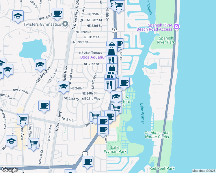 map of restaurants, bars, coffee shops, grocery stores, and more near 2502 Northeast 5th Avenue in Boca Raton