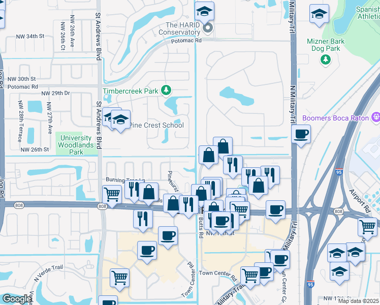 map of restaurants, bars, coffee shops, grocery stores, and more near 2398 Timbercreek Circle Northwest in Boca Raton