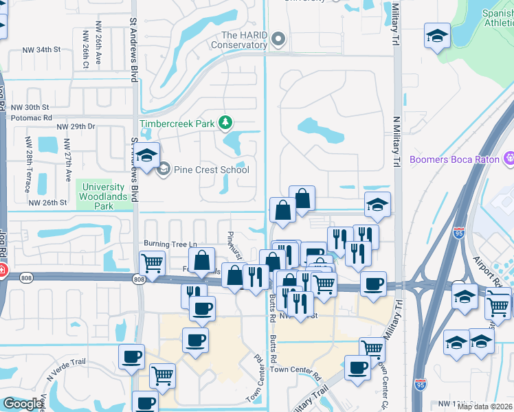 map of restaurants, bars, coffee shops, grocery stores, and more near 2334 Timbercreek Circle Northwest in Boca Raton