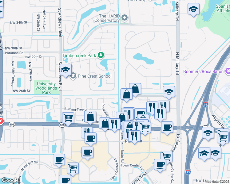 map of restaurants, bars, coffee shops, grocery stores, and more near 2334 Timbercreek Circle Northwest in Boca Raton
