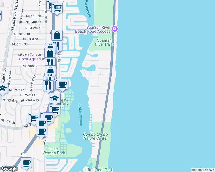 map of restaurants, bars, coffee shops, grocery stores, and more near 2401 North Ocean Boulevard in Boca Raton