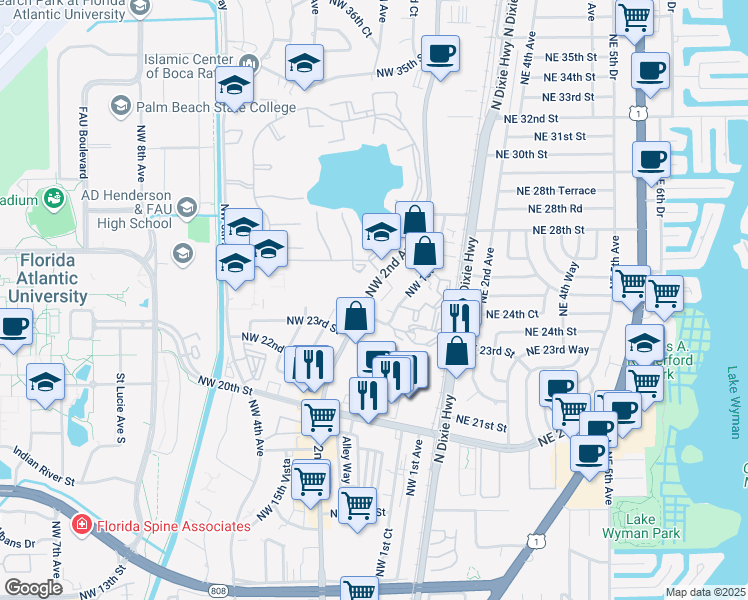 map of restaurants, bars, coffee shops, grocery stores, and more near 2400 Northwest 24th Street in Boca Raton