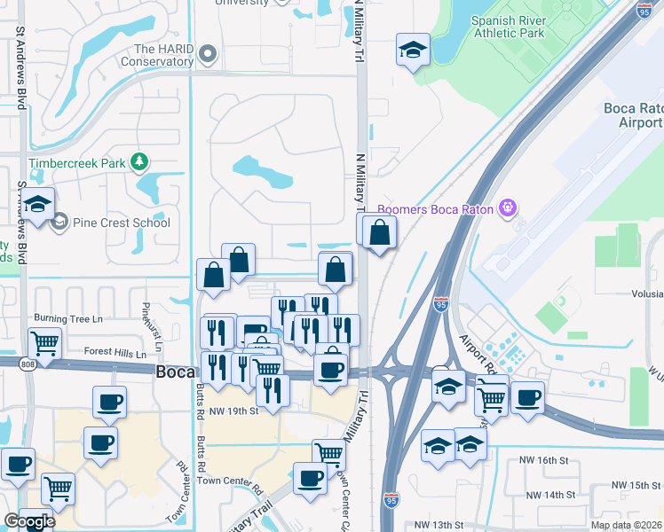map of restaurants, bars, coffee shops, grocery stores, and more near 1960 Northwest 25th Street in Boca Raton