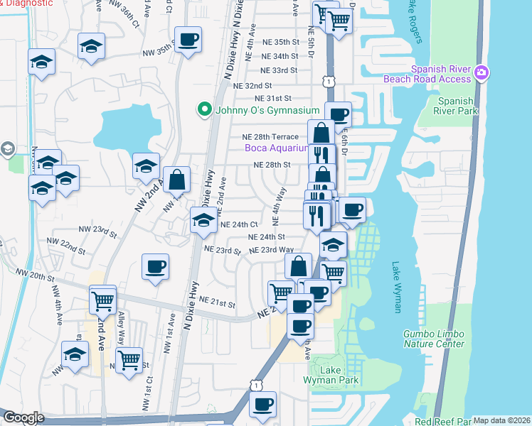 map of restaurants, bars, coffee shops, grocery stores, and more near 2550 Northeast 4th Court in Boca Raton