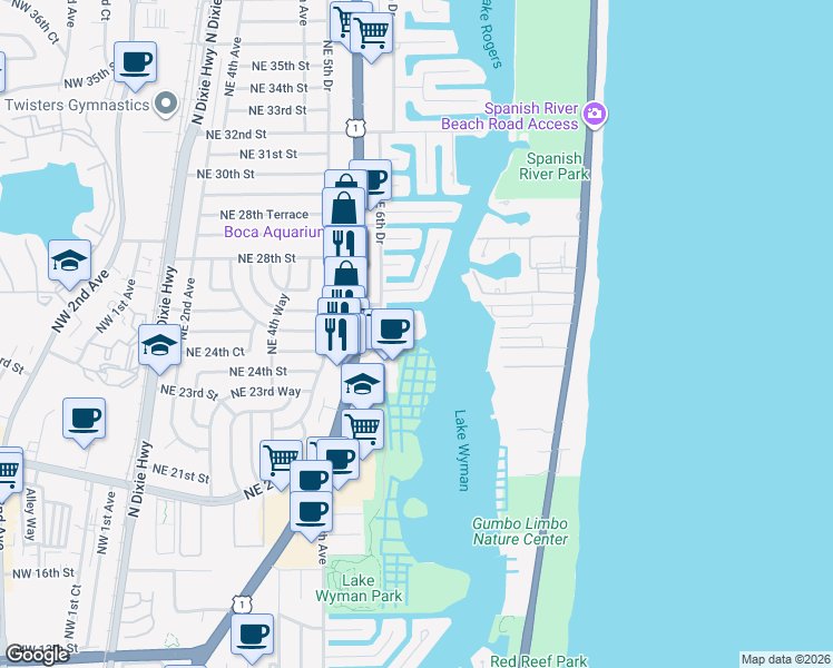 map of restaurants, bars, coffee shops, grocery stores, and more near 711 Harbour Drive in Boca Raton