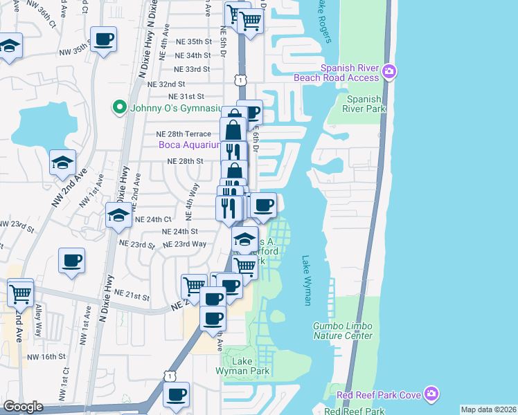 map of restaurants, bars, coffee shops, grocery stores, and more near 700 Harbour Drive in Boca Raton