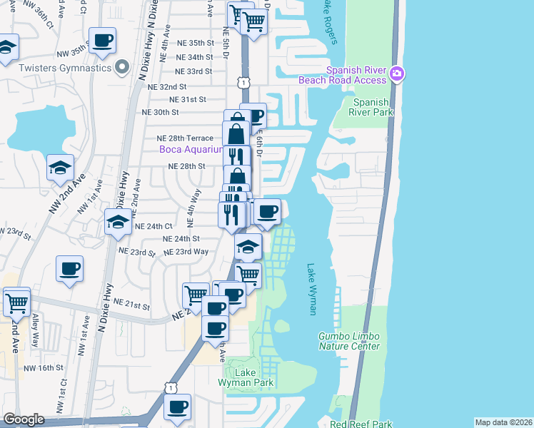 map of restaurants, bars, coffee shops, grocery stores, and more near 700 Harbour Terrace in Boca Raton