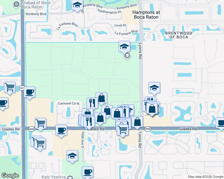 map of restaurants, bars, coffee shops, grocery stores, and more near Broad Street in Boca Raton