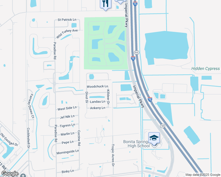 map of restaurants, bars, coffee shops, grocery stores, and more near 25161 Killdeer Drive in Bonita Springs
