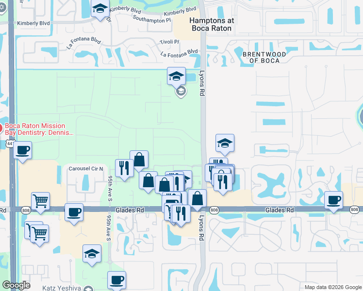 map of restaurants, bars, coffee shops, grocery stores, and more near 20185-20449 Lyons Road in Boca Raton