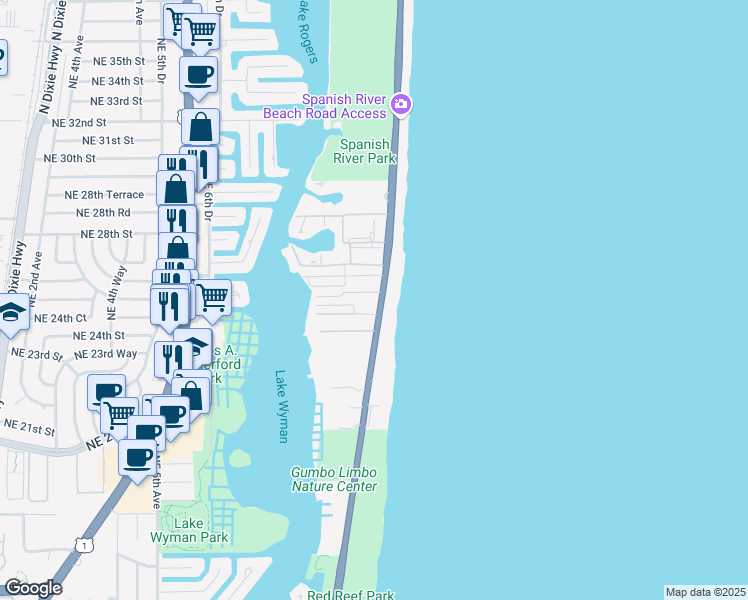 map of restaurants, bars, coffee shops, grocery stores, and more near 2401 North Ocean Boulevard in Boca Raton