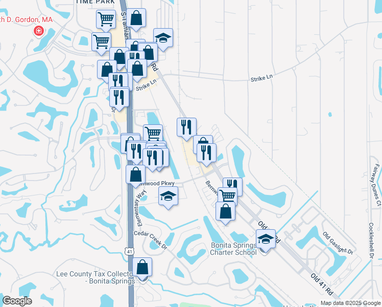 map of restaurants, bars, coffee shops, grocery stores, and more near 25070 Bernwood Drive in Bonita Springs
