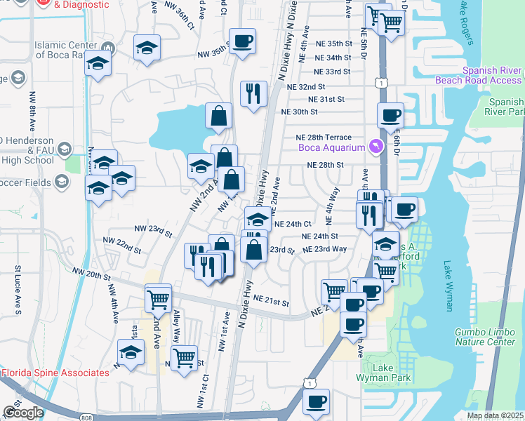 map of restaurants, bars, coffee shops, grocery stores, and more near 2488 North Dixie Highway in Boca Raton