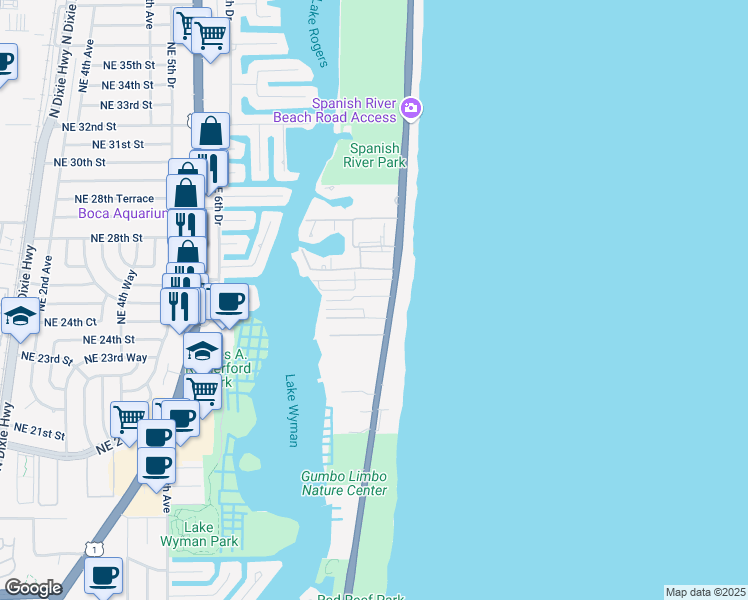 map of restaurants, bars, coffee shops, grocery stores, and more near 2401 North Ocean Boulevard in Boca Raton