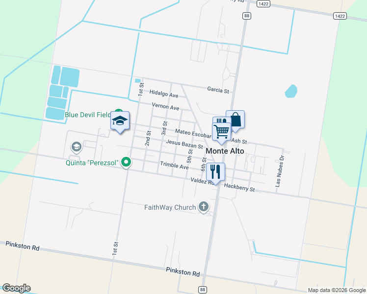 map of restaurants, bars, coffee shops, grocery stores, and more near 8317 Jesus Bazan Street in Monte Alto