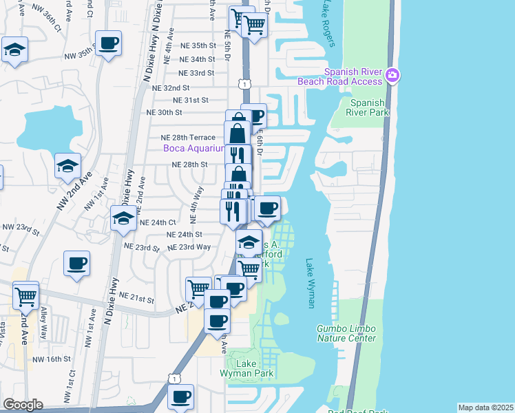 map of restaurants, bars, coffee shops, grocery stores, and more near 2500 North Federal Highway in Boca Raton