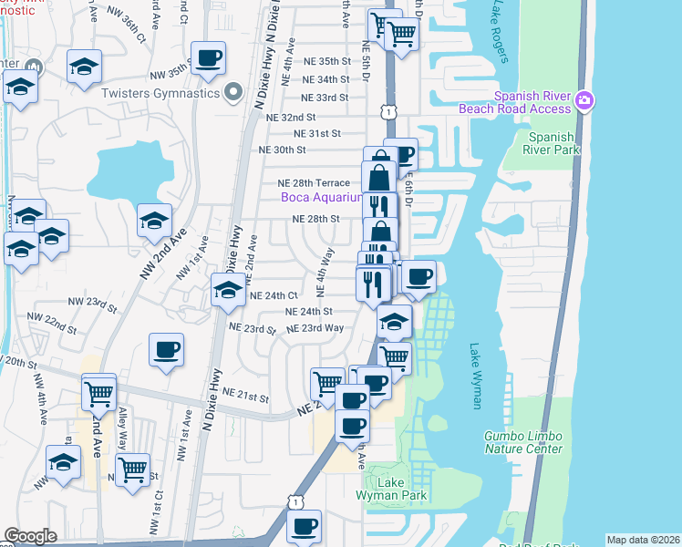 map of restaurants, bars, coffee shops, grocery stores, and more near 441 Northeast 25th Terrace in Boca Raton