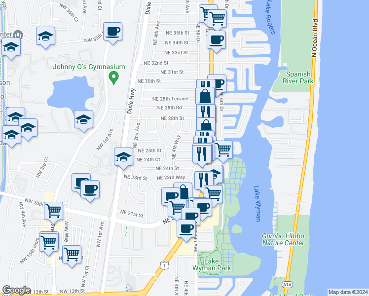 map of restaurants, bars, coffee shops, grocery stores, and more near 441 Northeast 25th Terrace in Boca Raton