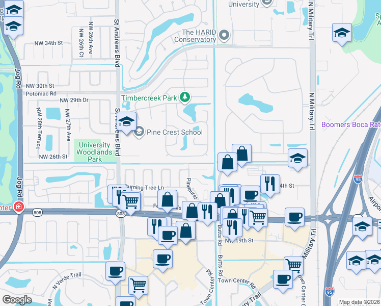 map of restaurants, bars, coffee shops, grocery stores, and more near 2387 Timbercreek Circle Northwest in Boca Raton