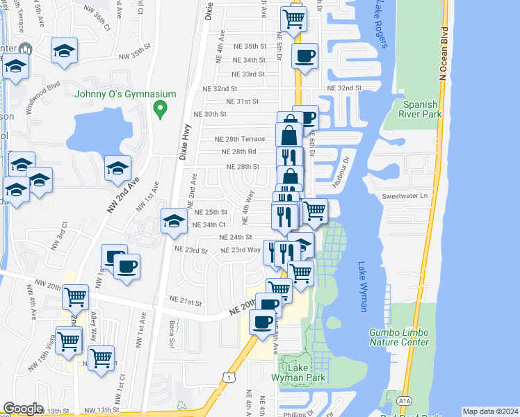 map of restaurants, bars, coffee shops, grocery stores, and more near 441 Northeast 25th Terrace in Boca Raton
