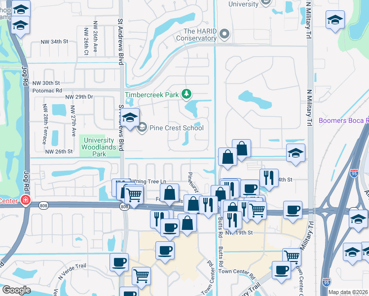 map of restaurants, bars, coffee shops, grocery stores, and more near 2387 Timbercreek Circle Northwest in Boca Raton