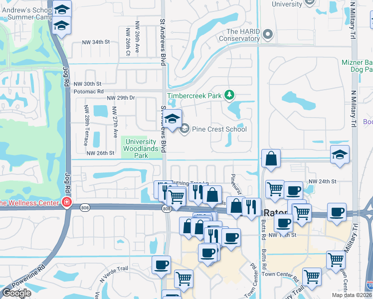 map of restaurants, bars, coffee shops, grocery stores, and more near 2479 Northwest 25th Street in Boca Raton