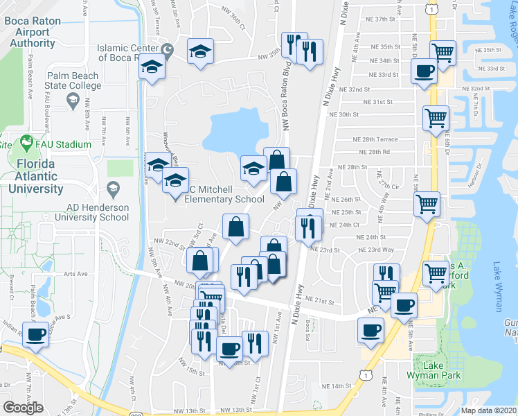 map of restaurants, bars, coffee shops, grocery stores, and more near in Boca Raton