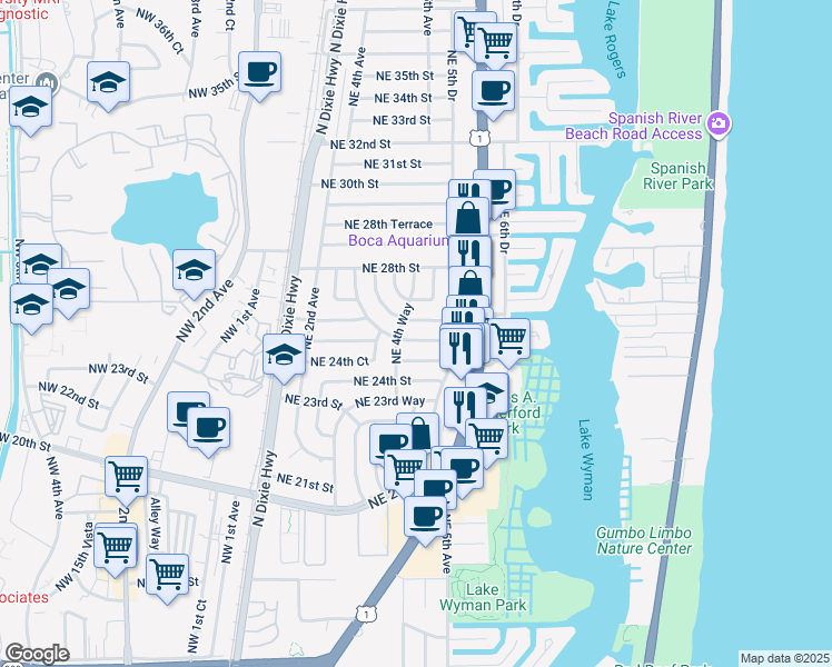 map of restaurants, bars, coffee shops, grocery stores, and more near 441 Northeast 25th Terrace in Boca Raton