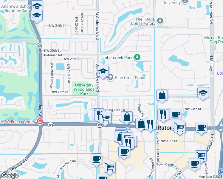 map of restaurants, bars, coffee shops, grocery stores, and more near 2479 Northwest 25th Street in Boca Raton