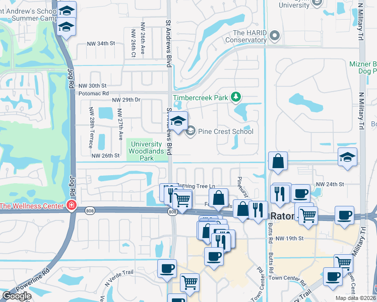map of restaurants, bars, coffee shops, grocery stores, and more near 2479 Northwest 25th Street in Boca Raton