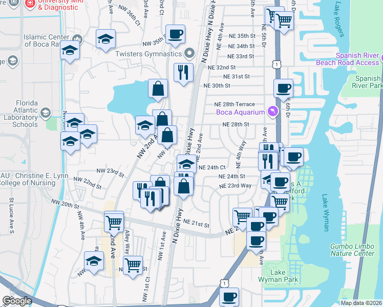 map of restaurants, bars, coffee shops, grocery stores, and more near 2499 Northeast 2nd Avenue in Boca Raton