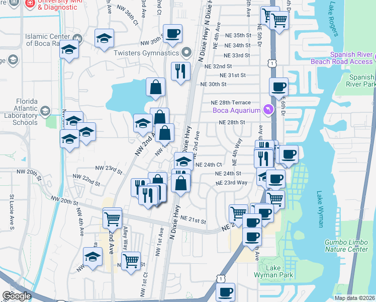 map of restaurants, bars, coffee shops, grocery stores, and more near 2499 Northeast 2nd Avenue in Boca Raton