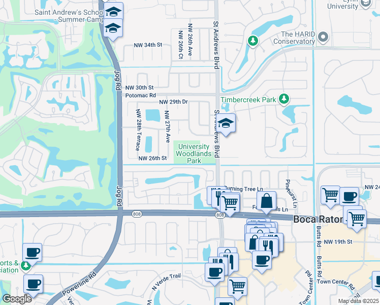 map of restaurants, bars, coffee shops, grocery stores, and more near 2501 Saint Andrews Boulevard in Boca Raton