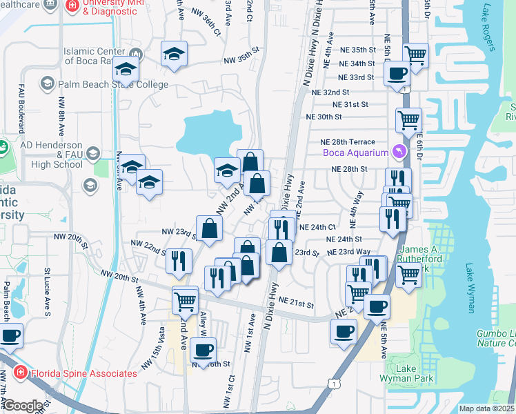 map of restaurants, bars, coffee shops, grocery stores, and more near 2363 North Dixie Highway in Boca Raton