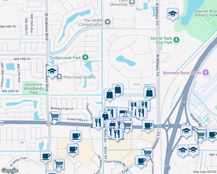 map of restaurants, bars, coffee shops, grocery stores, and more near 2321 Northwest 23rd Way in Boca Raton