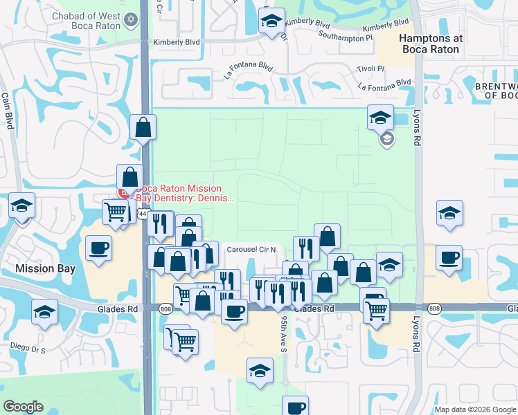 map of restaurants, bars, coffee shops, grocery stores, and more near 9516 Riverside Park Drive in Boca Raton