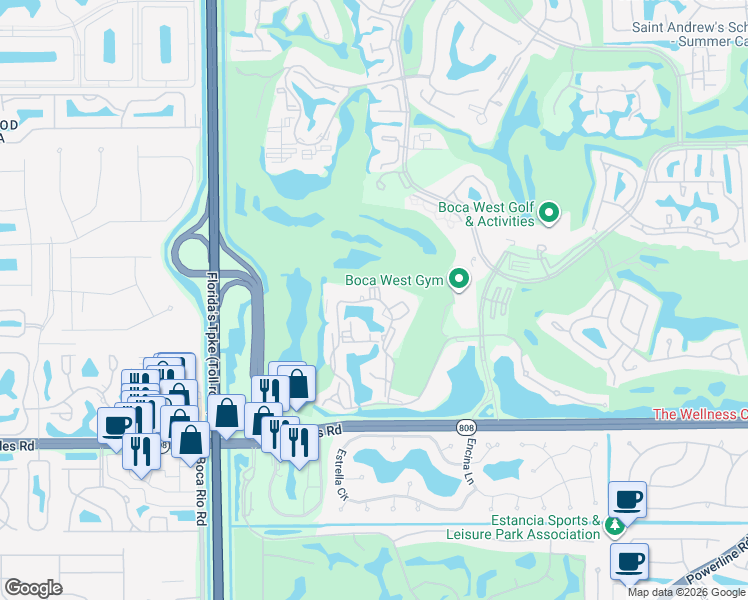 map of restaurants, bars, coffee shops, grocery stores, and more near 608 Bridgewood Drive in Boca Raton