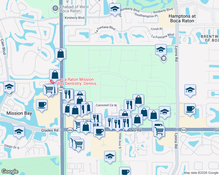 map of restaurants, bars, coffee shops, grocery stores, and more near 9597 Carousel Circle East in Boca Raton
