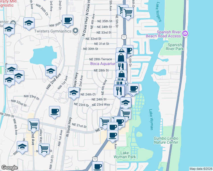 map of restaurants, bars, coffee shops, grocery stores, and more near 441 Northeast 25th Terrace in Boca Raton