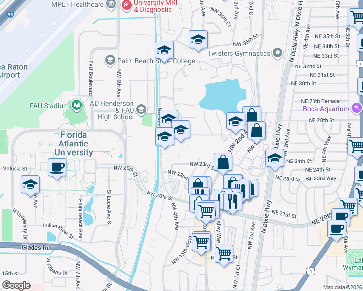 map of restaurants, bars, coffee shops, grocery stores, and more near 2470 Northwest 5th Avenue in Boca Raton