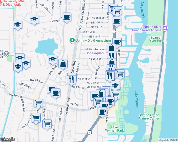 map of restaurants, bars, coffee shops, grocery stores, and more near 2550 Northeast 4th Court in Boca Raton