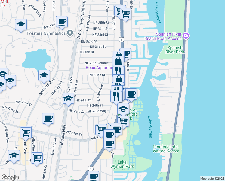 map of restaurants, bars, coffee shops, grocery stores, and more near 2502 Northeast 5th Avenue in Boca Raton